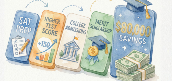 A watercolor illustration of a domino chain reaction showing the ROI of college planning: SAT Prep leading to higher test scores, stronger college admissions, merit scholarships, and eighty thousand dollars in savings.