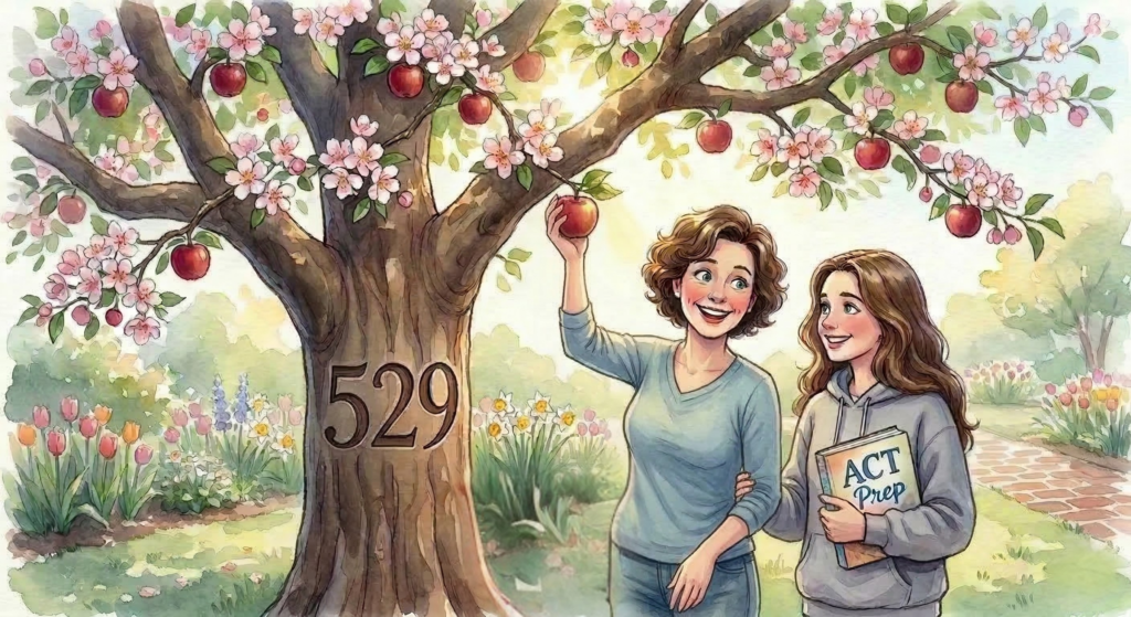 A watercolor illustration of a New Jersey mother plucking an apple from a blooming spring 529-labeled tree and handing it to her teenage daughter holding an ACT prep book in a sunny garden.