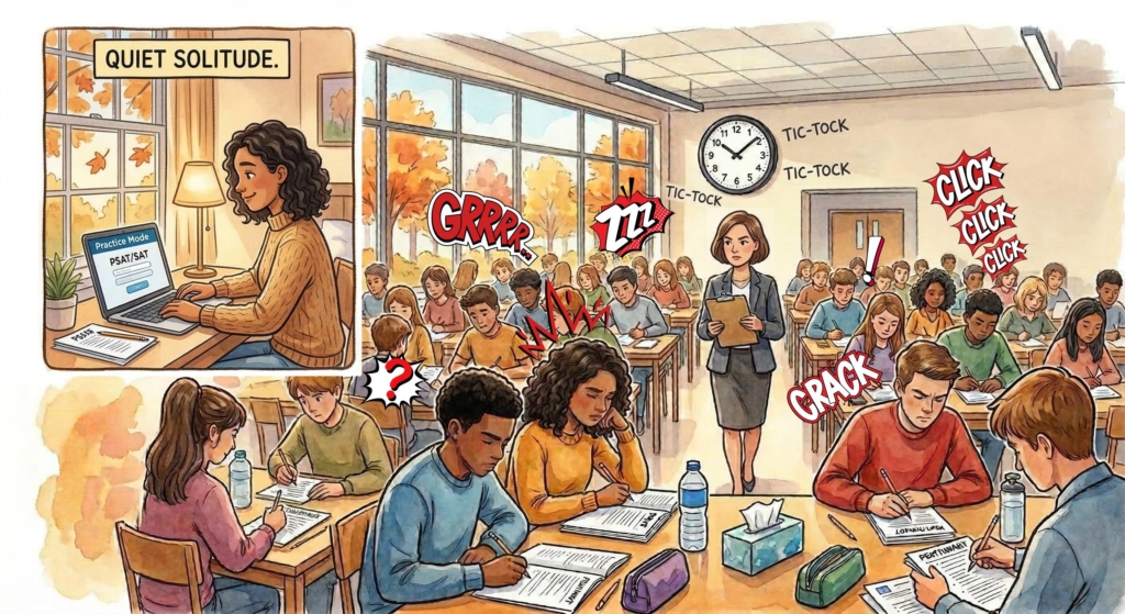 Split view of a student practicing for the PSAT at home versus taking a proctored exam in a New Jersey classroom with a clock.
