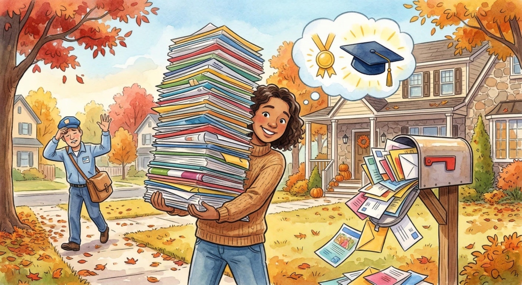High school student in New Jersey holding a huge stack of college recruitment mail from the Student Search Service.