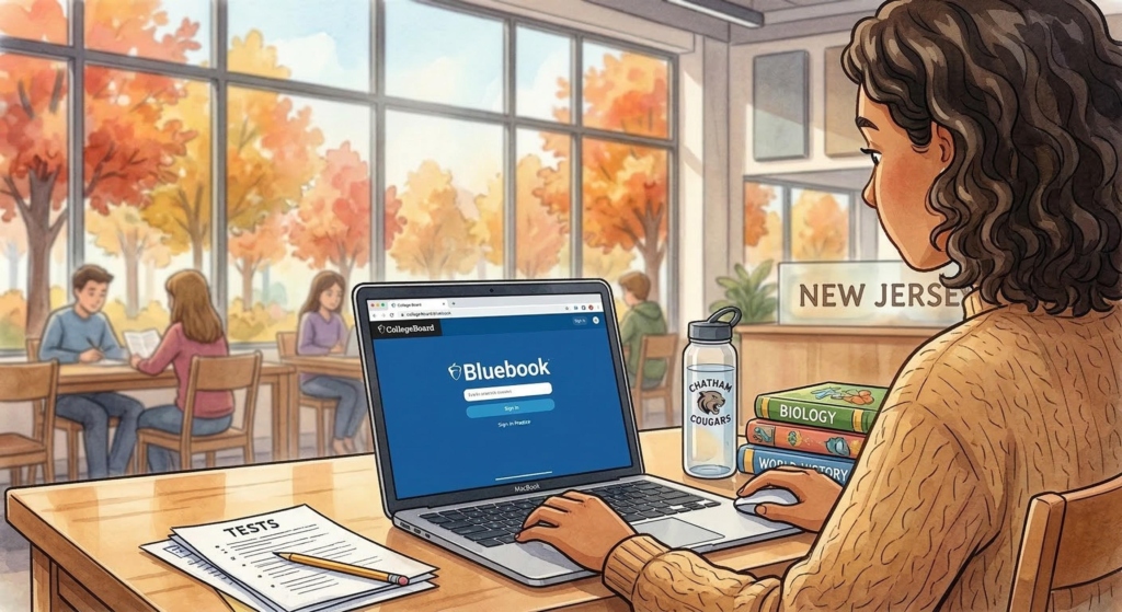 A New Jersey student using the Bluebook app on a laptop for the digital adaptive PSAT exam in a school library.