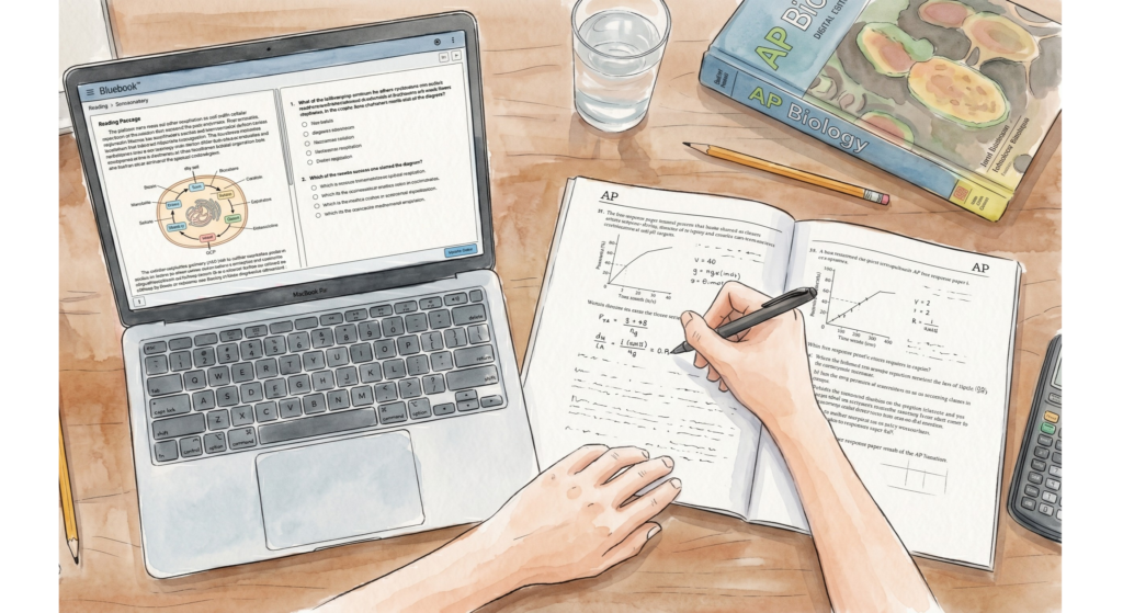 Overhead view watercolor illustration of a high school student’s desk featuring a laptop running the Bluebook digital testing app alongside a physical AP free-response paper booklet. This image demonstrates the hybrid AP exam format, showing a student’s hand writing notes while viewing a digital science diagram.