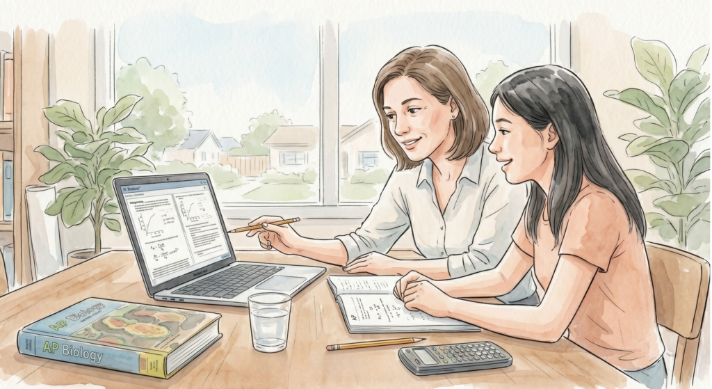 A watercolor illustration of a Breakaway Prep tutor providing one-on-one AP exam guidance to a high school student. The scene shows a mentor and student collaborating over a laptop and notebook in a calm, academic setting, representing the personalized support of an AP Intensive tutoring program.