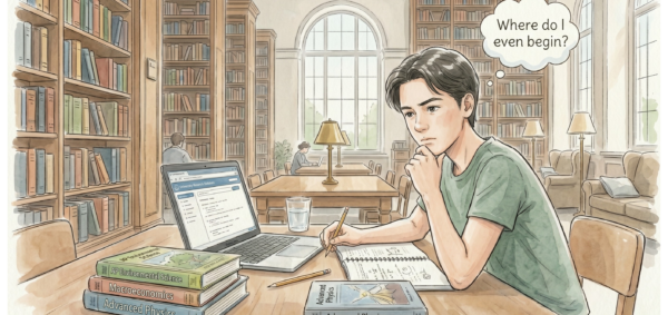 A hand-painted watercolor illustration of a thoughtful high school student sitting in a classic wood-paneled library, surrounded by AP textbooks and his laptop. He has a thought bubble reading 'Where do I even begin?' representing the overwhelm of AP exam prep and the need for a strategic study plan.