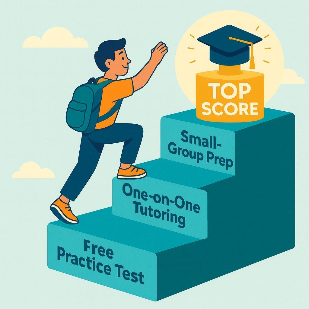 Illustration showing SAT and ACT test prep pathway: free practice tests, one-on-one tutoring, small group prep leading to top scores.